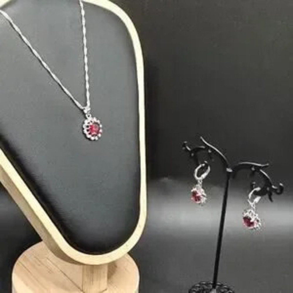 925 Silver Red Flower necklace Earrings Set Anniversary Birthday Gift Fashion